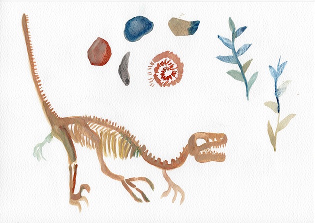 grafiki i ilustracje Dinozaur i skamieliny - akwarela
