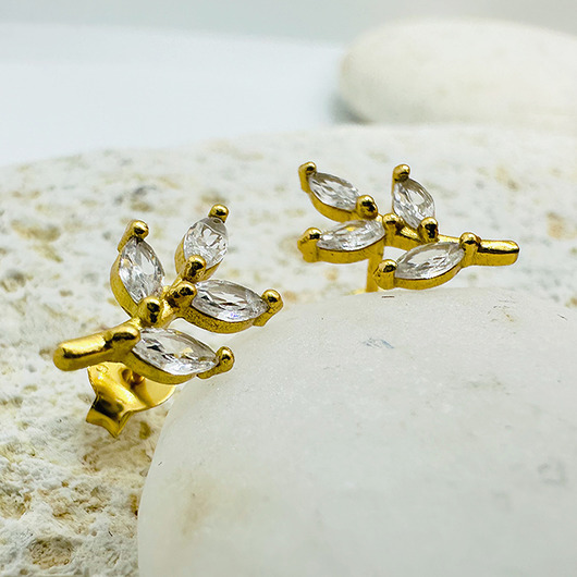 kolczyki pozłacane RAIN- eleganckie listki, Srebrne pozłacane kolczyki z cyrkoniami