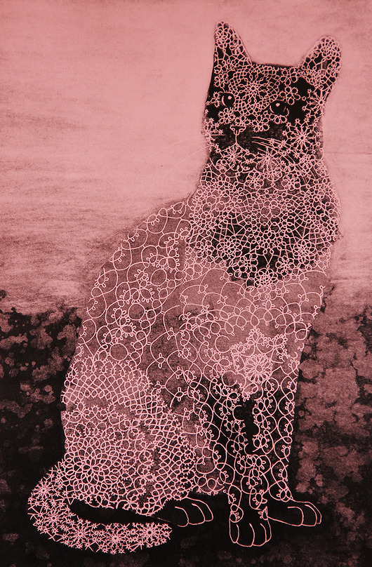 obrazy Różowy kot - linoryt 46x68cm