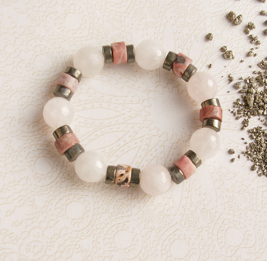 bransoletki z kamieni naturalnych MIŁOŚĆ - unikatowa bransoleta - kwarc, rodonit, piryt