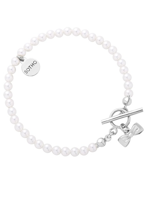 bransoletki srebrne Srebrna bransoletka z białych pereł SWAROVSKI CRYSTAL z kokardką