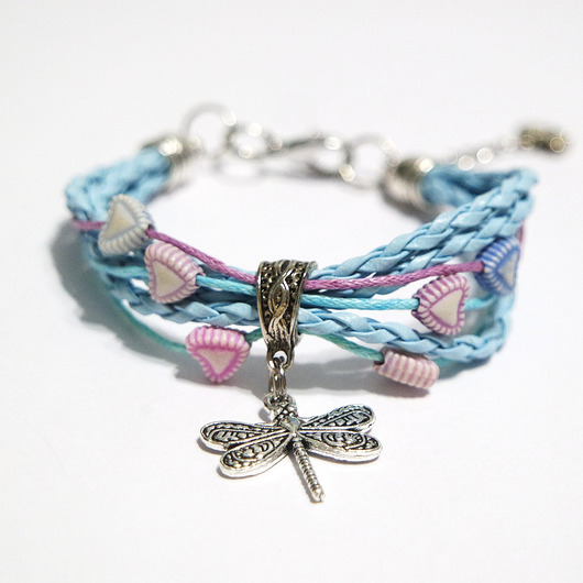 bransoletki - inne Bransoletka - Ważka, serce, niebieska - rzemienie