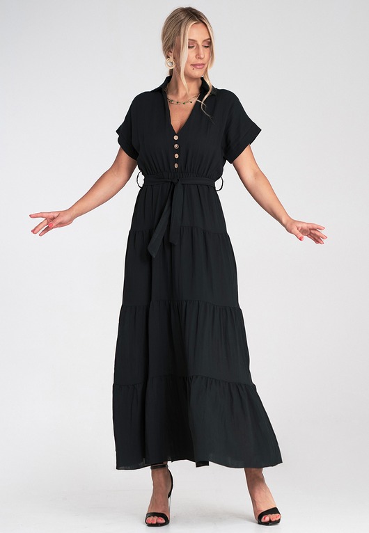 sukienki maxi damskie Długa sukienka maxi oversize z dekoltem w serek i krótkim rękawem - M1195