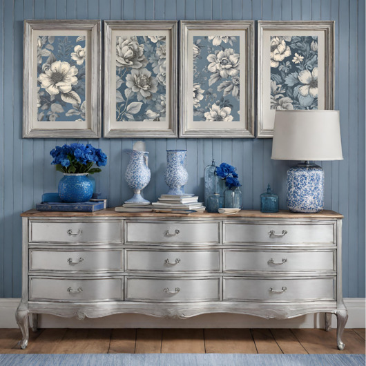 grafiki i ilustracje 4 PLAKATY niebieskie chinoiserie , kwiaty