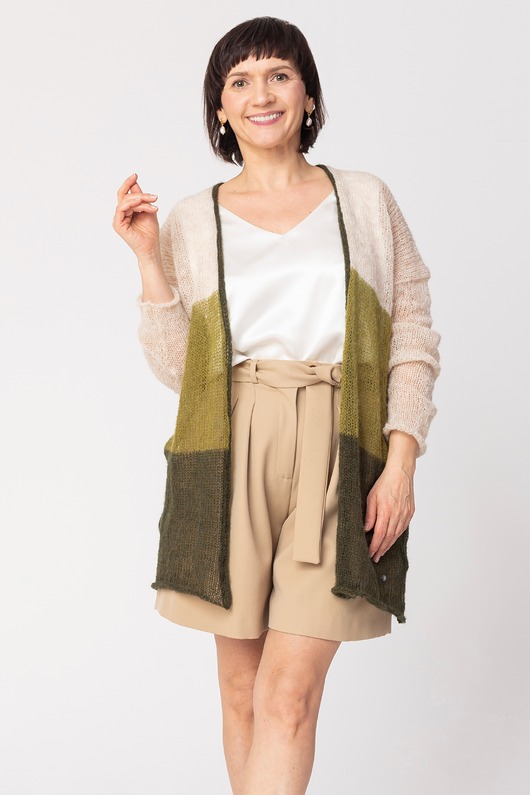 swetry damskie  Sweter wełniany w pasy - kardigan damski Oliwkowy