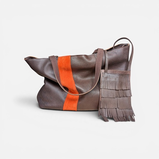 torby na ramię Shoper bag brązowa z pomarańczem