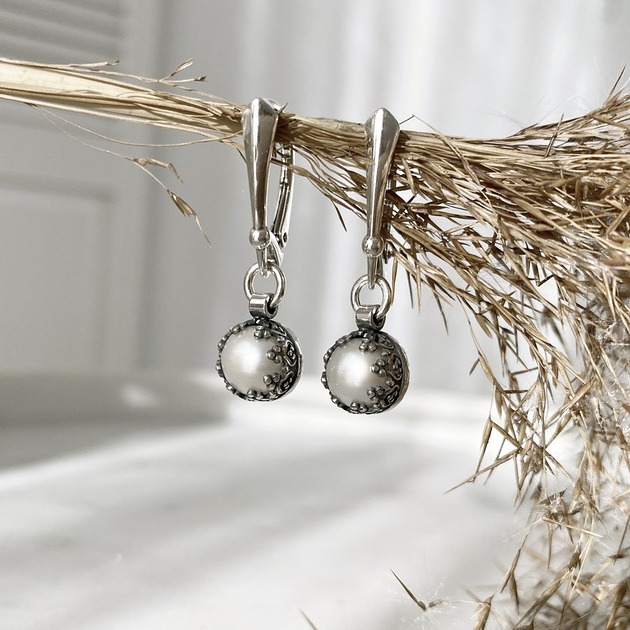 kolczyki srebrne Kolczyki - srebrne koronkowe perły