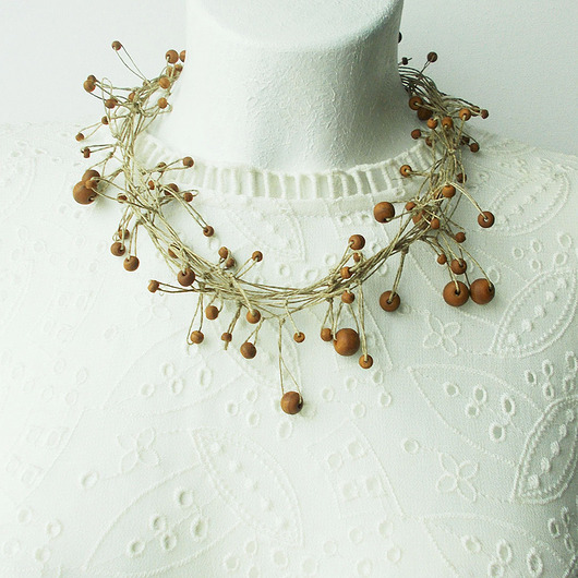 kolie Naszyjnik Drewno na naturalnym lnie