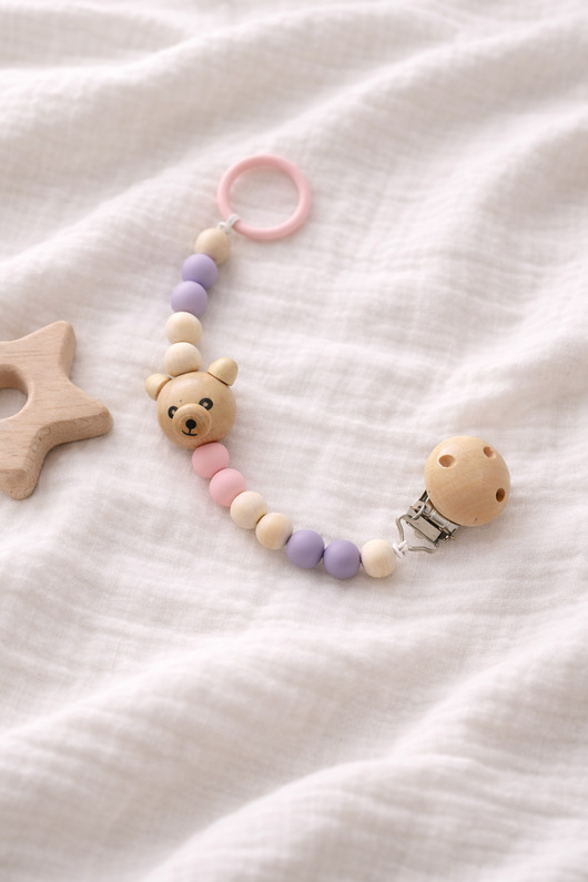 niemowlak - inne Drewniana zawieszka koralikowa do smoczka dla dziecka z pudełkiem