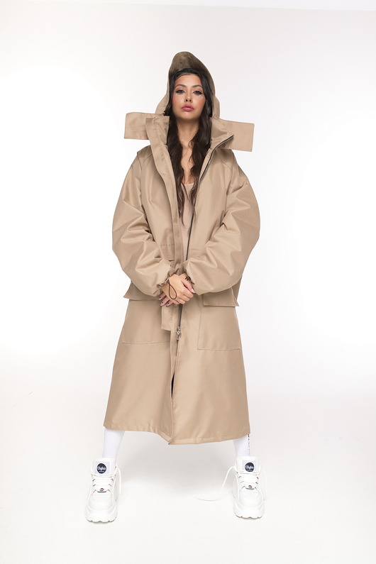 płaszcze damskie Parka Longline Hoodie Oversize mocca