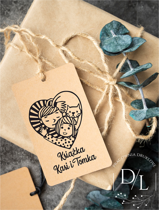 Stempel ex libris personalizowany Dzieci kot serce DrukLove