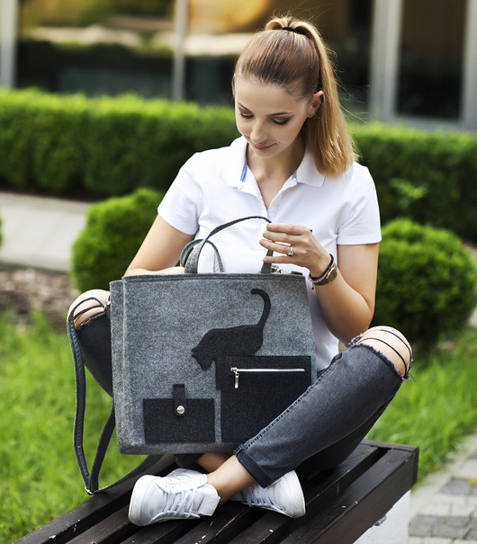 Duża Szara Torebka - Laptopówka z Kotem Green Sheep