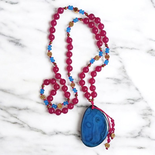 wisiory UNIKATOWY naszyjnik supełkowany : fuchsia & blue : agat i jadeit