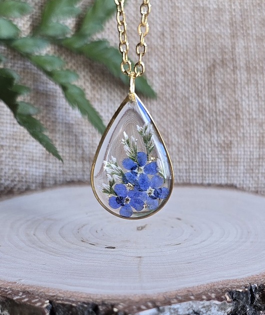 wisiory Złoty wisiorek prawdziwe kwiaty zawieszka łezka łza niezapominajki