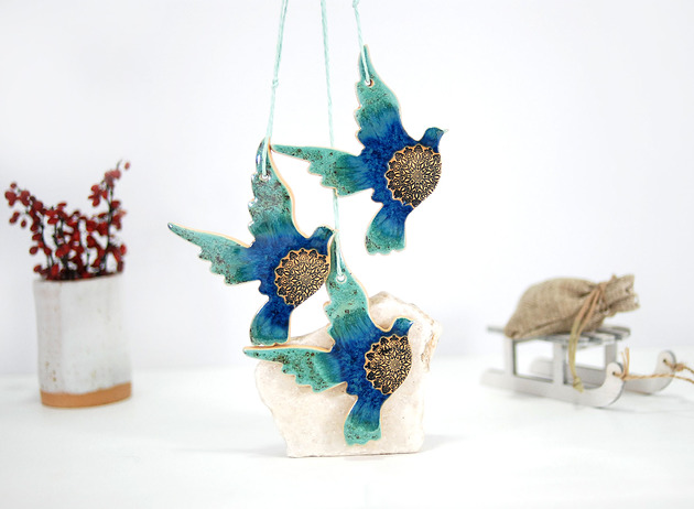 3 ceramiczne  ptaszki choinkowe - turkus 10FingersArt