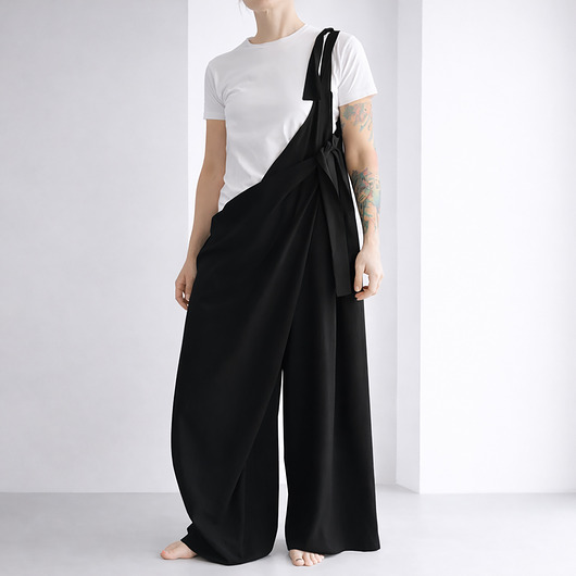 spodnie materiałowe damskie Spodnie damskie ogrodniczki lniane czarne asymetryczne