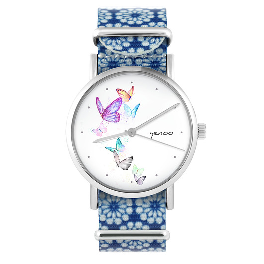 zegarki damskie Zegarek - Motyle - niebieski, kwiaty