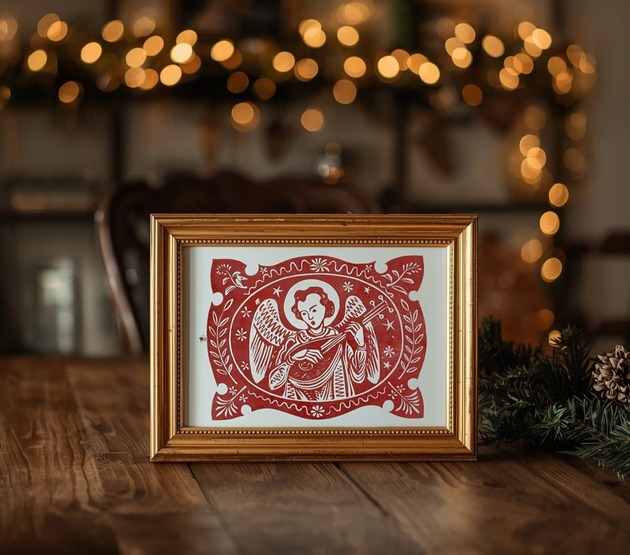 grafiki i ilustracje Anioł grający na lutni vintage grafika Boże Narodzenie dekoracja