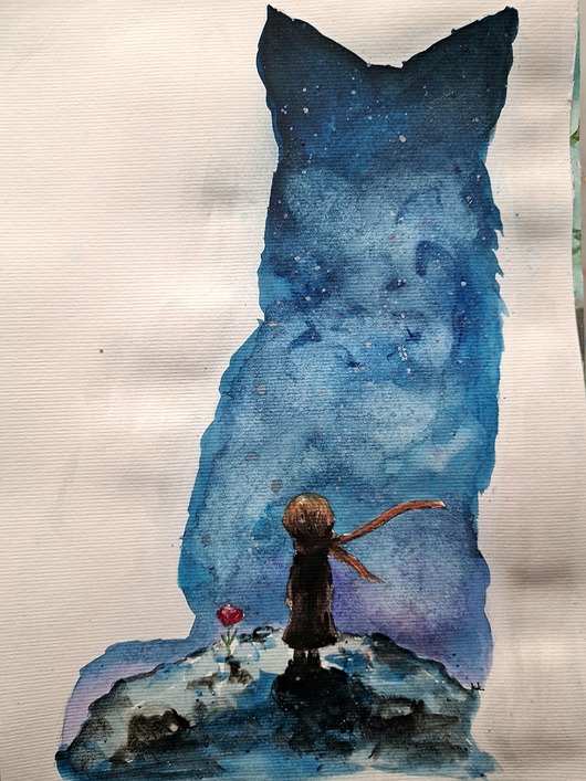 grafiki i ilustracje LP - Mały Książe róża lis kosmos - Obraz akwarela papier A4 21x30