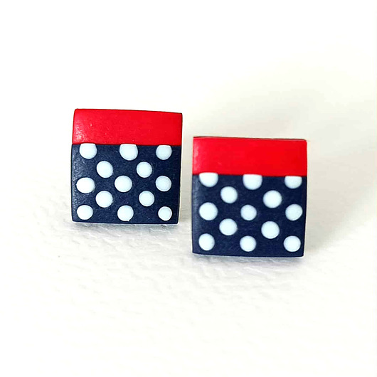 kolczyki z masy plastycznej Czerwono - Granatowe Kolczyki w Grochy