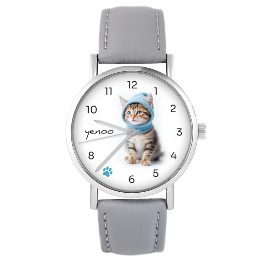 zegarki damskie Zegarek - Kotek - szary, skórzany