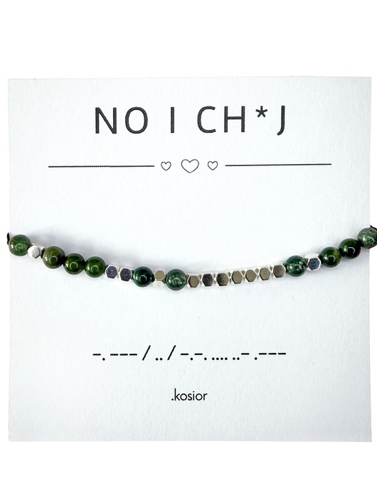 biżuteria męska UNISEX Bransoletka z alfabetem Morse Agat mszysty, Hematyt