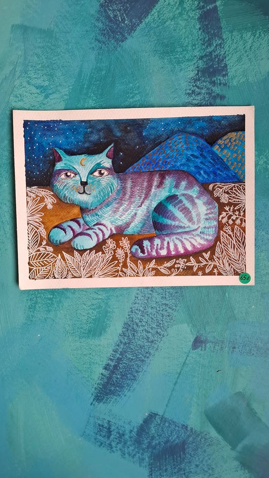 grafiki i ilustracje Irbis gwieździsty  nocą, akwarela