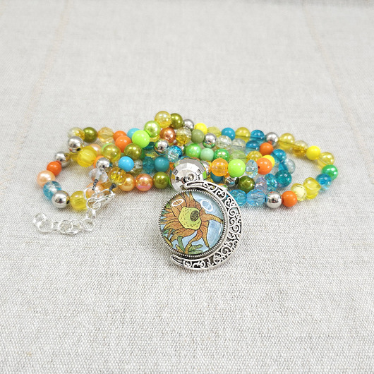 wisiory 6757 długi, kolorowy naszyjnik z wisiorkiem; dwustronny wisiorek; słoneczniki