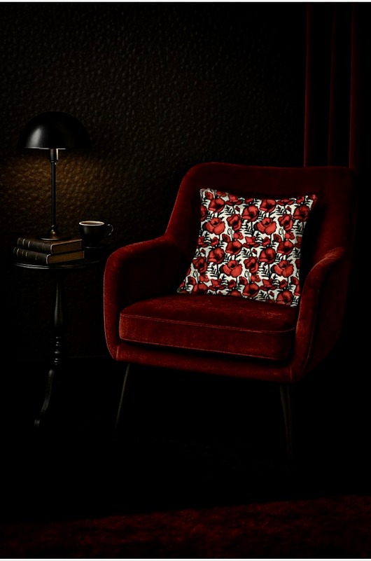 poduszki z grafiką Aksamitna PODUSZKA dekoracyjna, autorski print w czerwone maki