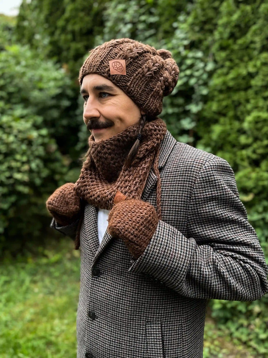 czapki i kapelusze męskie Męska czapka MERINO Smile Brąz + podszewka JEDWAB