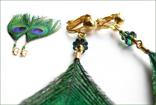 klipsy pawie pióra i kryształ Swarovski Stella