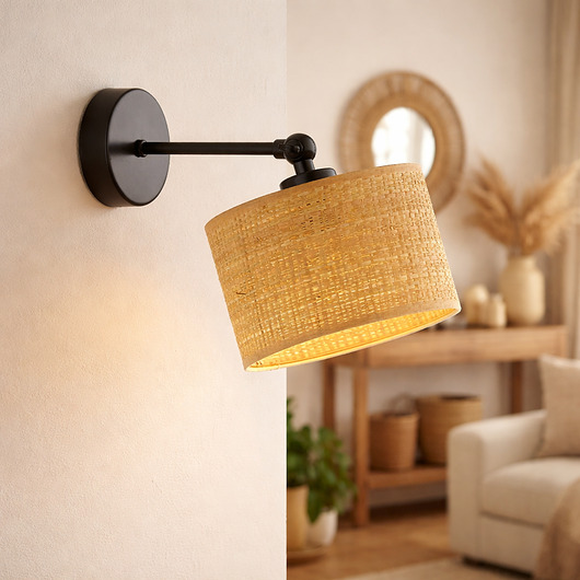 kinkiety Kinkiet na przegubie do czytania rattanowy abażur TETE BOHO