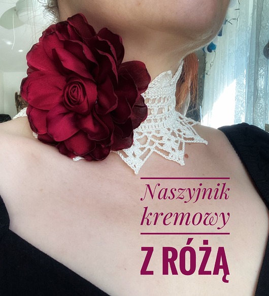 chokery Kremowy koronkowy retro naszyjnik z piękną bordową różą