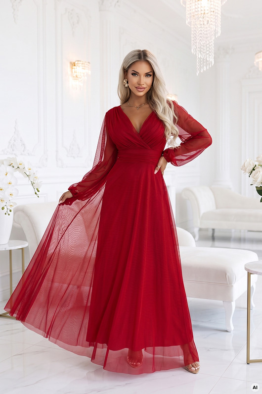 sukienki maxi damskie 684-1 NERISSA elegancka tiulowa sukienka maxi z kopertowym dekoltem - bordo