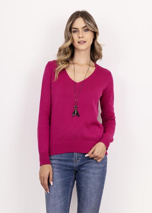 swetry damskie  Dzianinowy sweter z dekoltem w serek - SWE345 amarant MKM