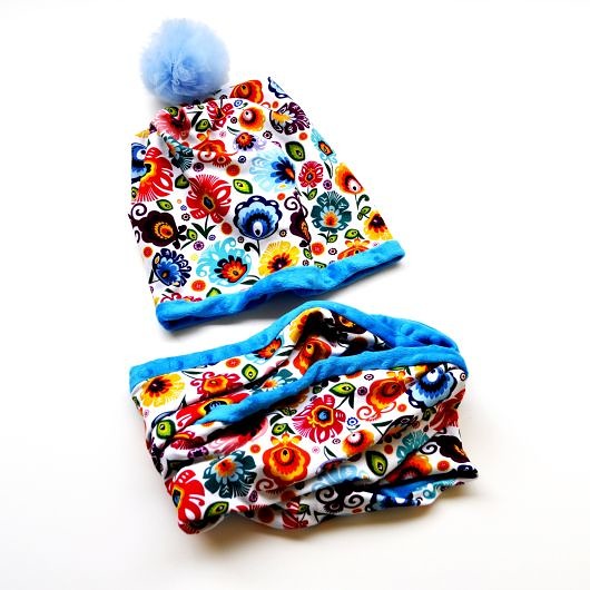 szale damskie Dwustronny komplet _ czapka BEANIE i komin_FOLK