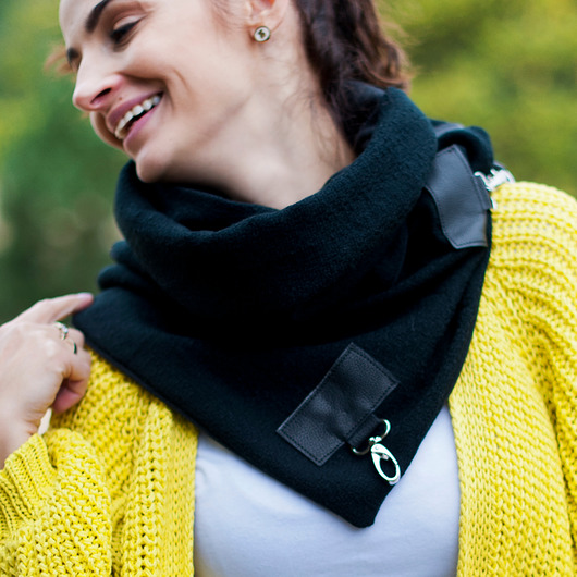 szale damskie Szal wełniany ze skórą, Komin Unisex - Czarny