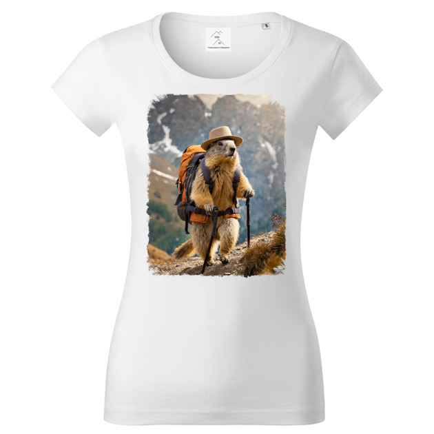 t-shirt damskie Tatra Art świstak na górskim szlaku z plecakiem w kapeluszu koszulka damska v4
