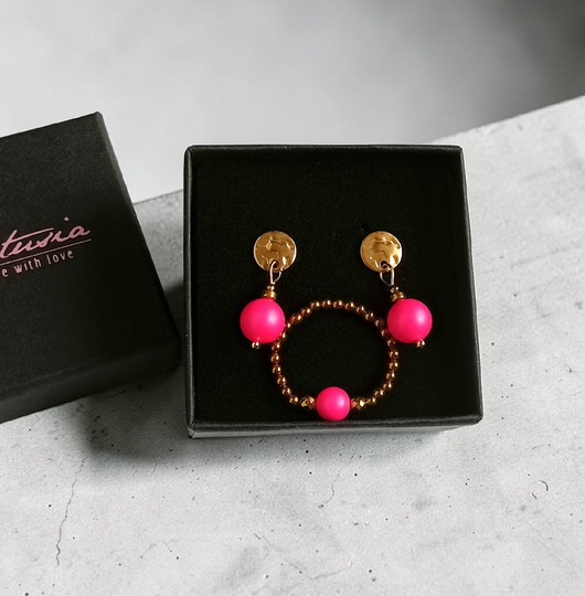 komplet biżuterii RAZEM TANIEJ! Swarovski neon pearls : neon pink : kolczyki & pierścionek