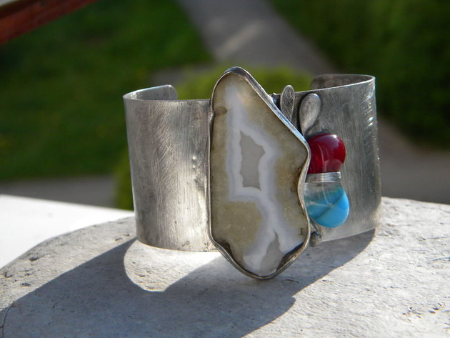 bransoletki wire wrapping Połsurowy chalcedon   - BRANSOLETA MANKIET - CUFF