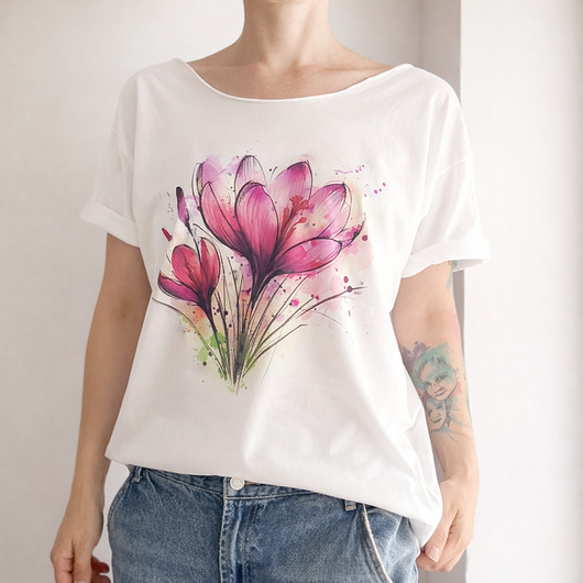 t-shirt damskie Krokusy Biały Oversize