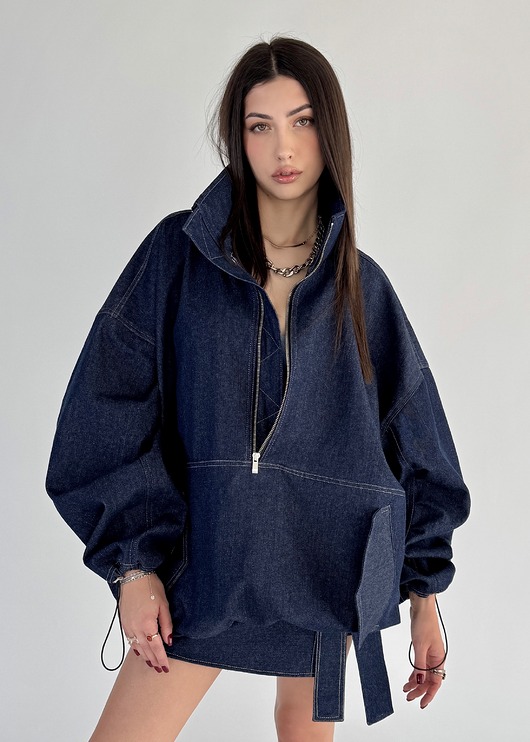 bluza bez kaptura damska Bluza jeansowa loosezip oversize denim dark blue
