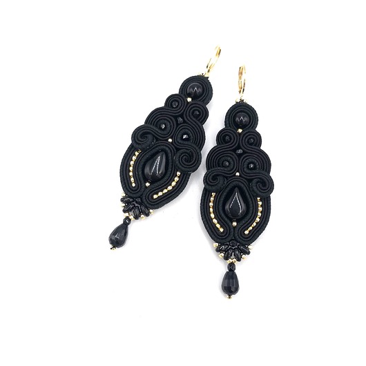 kolczyki soutache Nano kolczyki sutasz czarne z jadeitami długie wieczorowe eleganckie