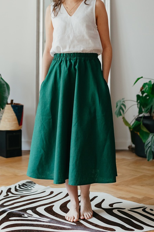 spódnice midi Lniana spódnica midi - butelkowa zieleń