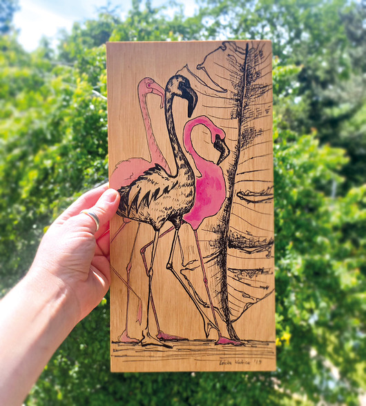 Ozdoby na ścianę Unikalna ilustracja na sklejce - różowe flamingi