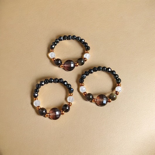 pierścionki elastyczne OCHRONA : pierścionek - turmalin, obsydian, kwarc dymny, kryształ górski