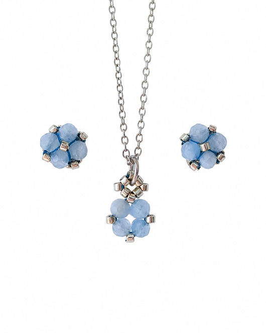 komplet biżuterii Komplet Biżuterii Akwamaryn- Kolczyki Sztyfty i Naszyjnik - wersja srebrna