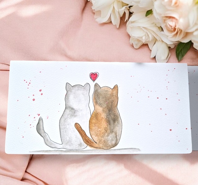 kartki scrapbooking Kartka ręcznie malowana na Walentynki z kotkami