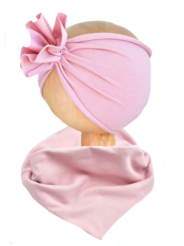 czapki dziecięce Komplet niemowlęcy opaska turban i chusta brudny róż