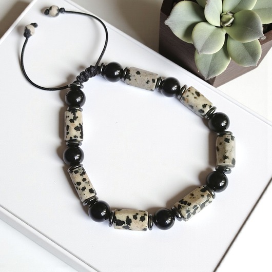 biżuteria męska S-L : jaspis dalmatyński, onyks - ochronna, antystresowa bransoletka